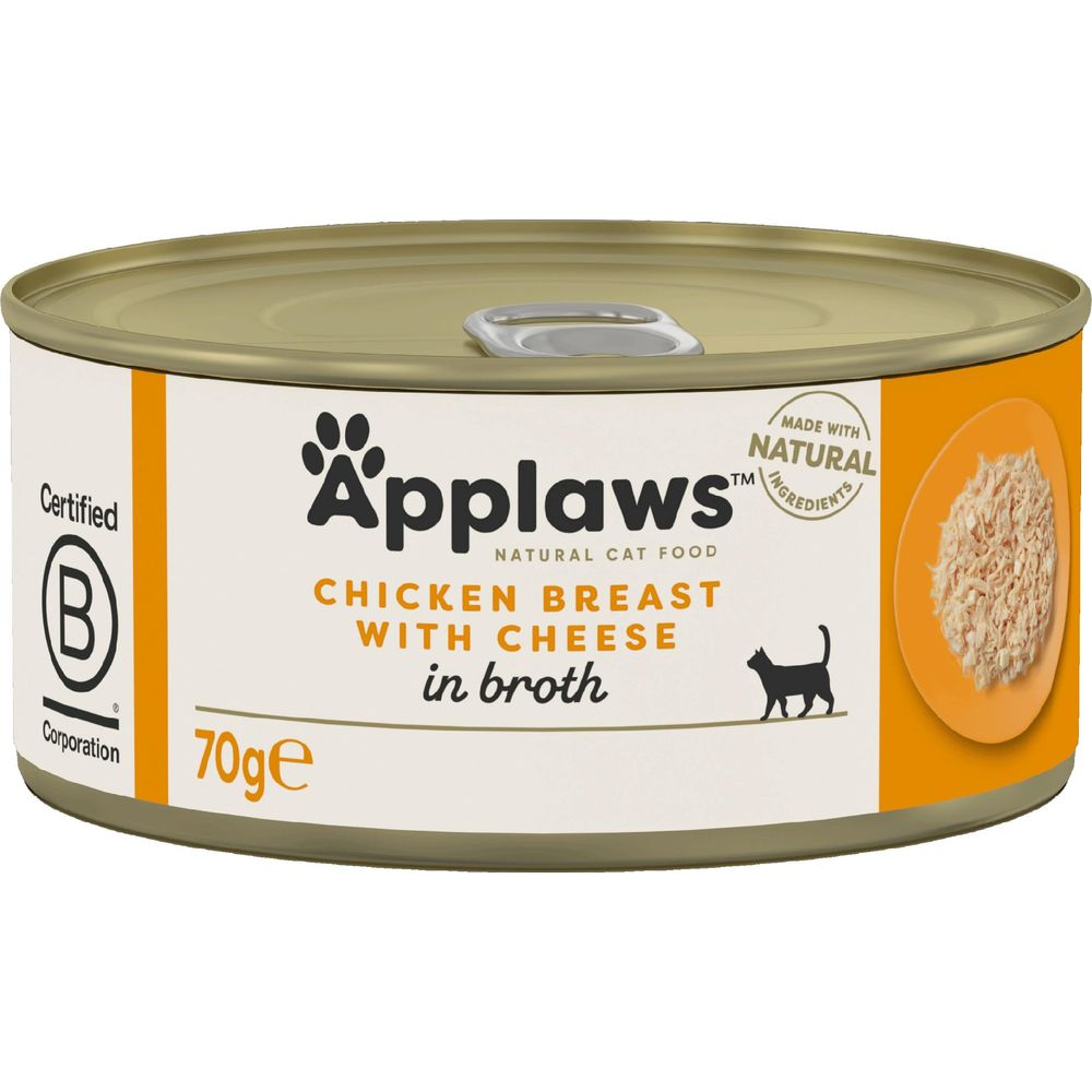 Lata de comida para gatos Applaws: pechuga de pollo con queso en caldo, 70g.
