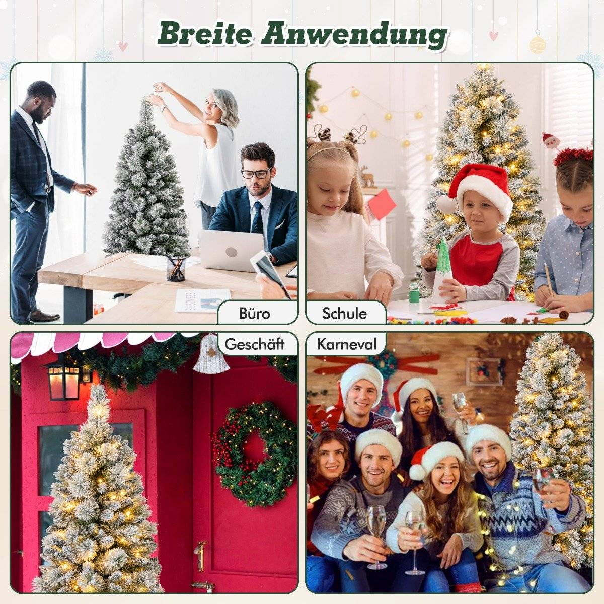 Vier scènes: kantoor, school, winkel en carnaval met kerstbomen.