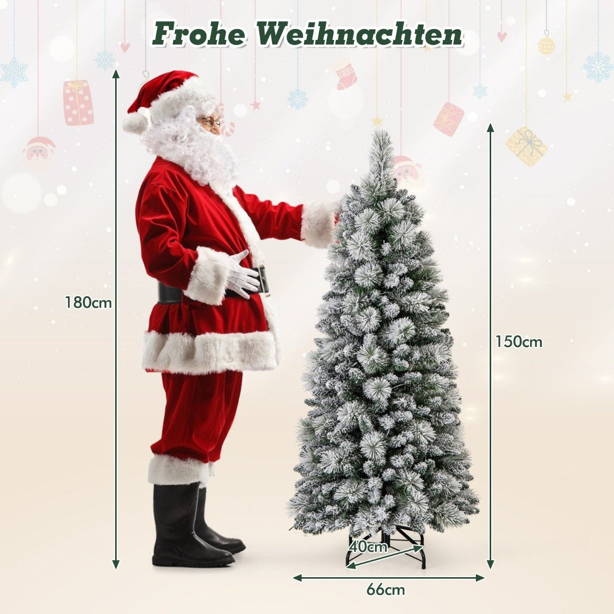 Een 180cm lange kerstman staat naast een 150cm hoge, besneeuwde kerstboom.
