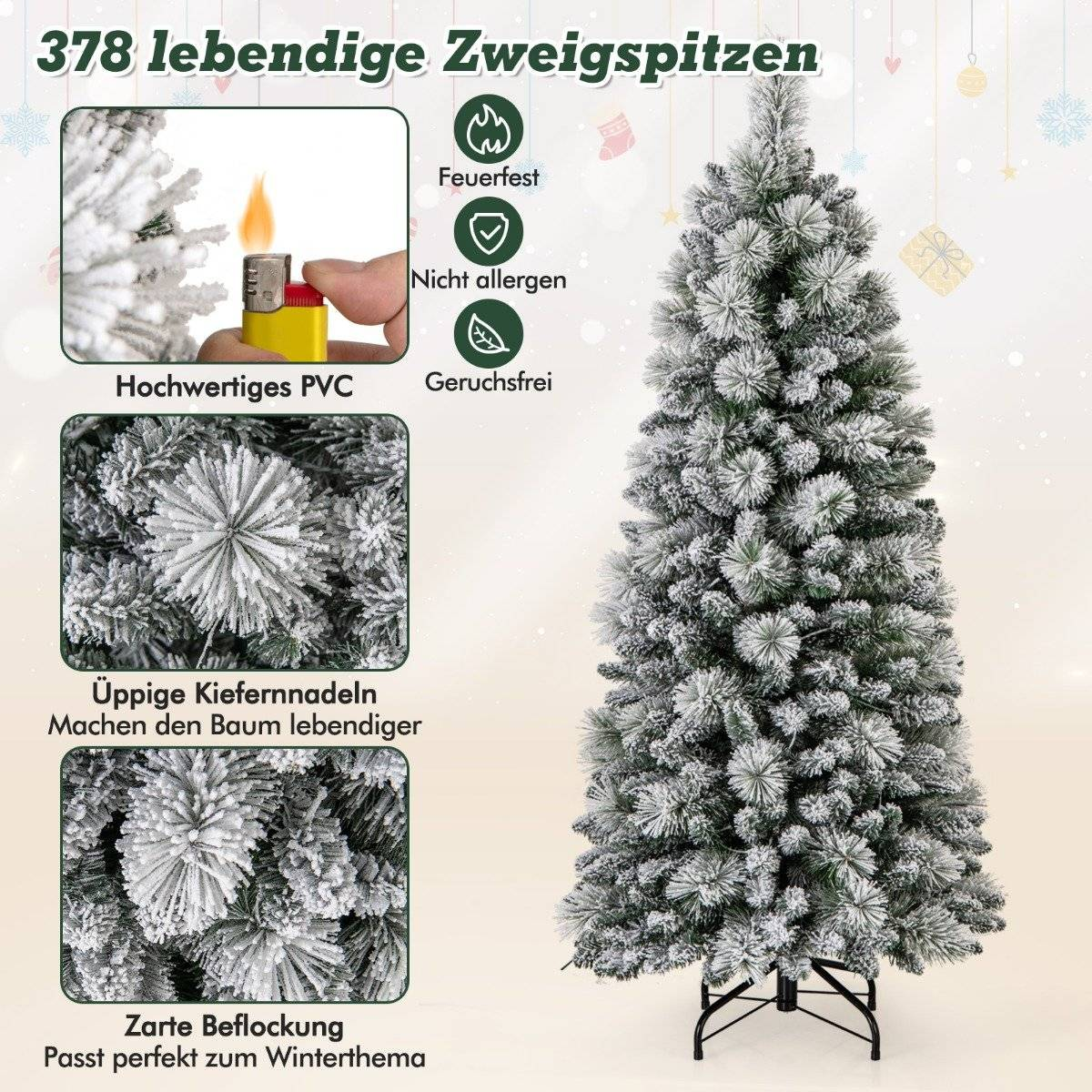 Een gedetailleerde kunstkerstboom met bevlokte naalden, met close-ups van de takken en PVC-materiaal.