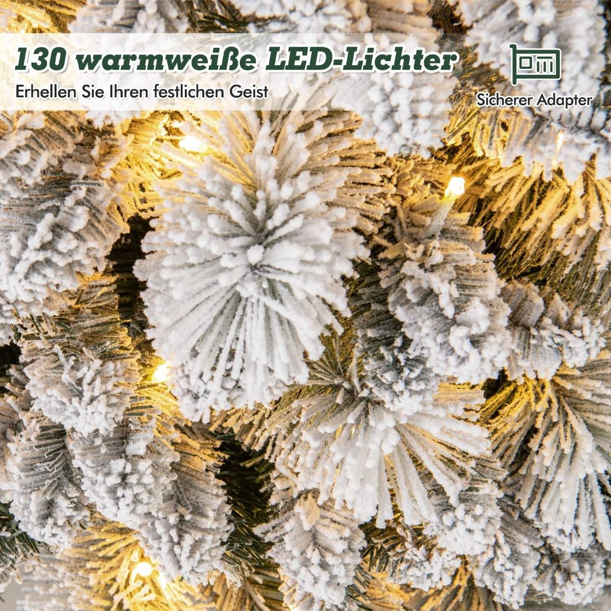 Besneeuwde dennentakken met warmwitte LED-lampjes en tekst.