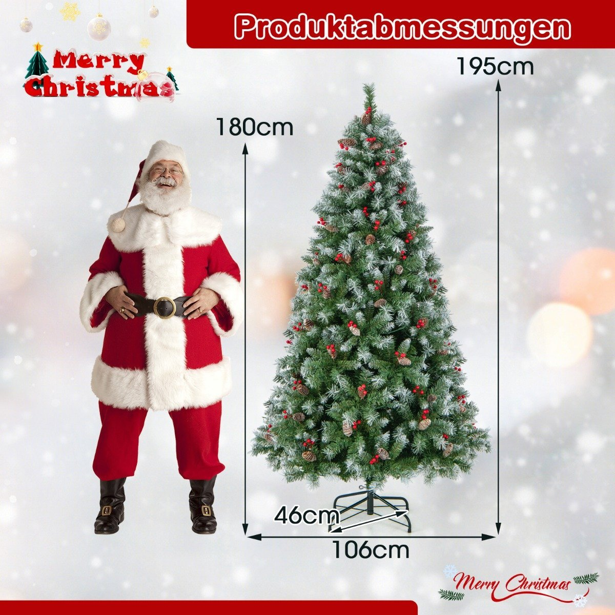 Een Kerstman staat naast een kerstboom met afmetingen.