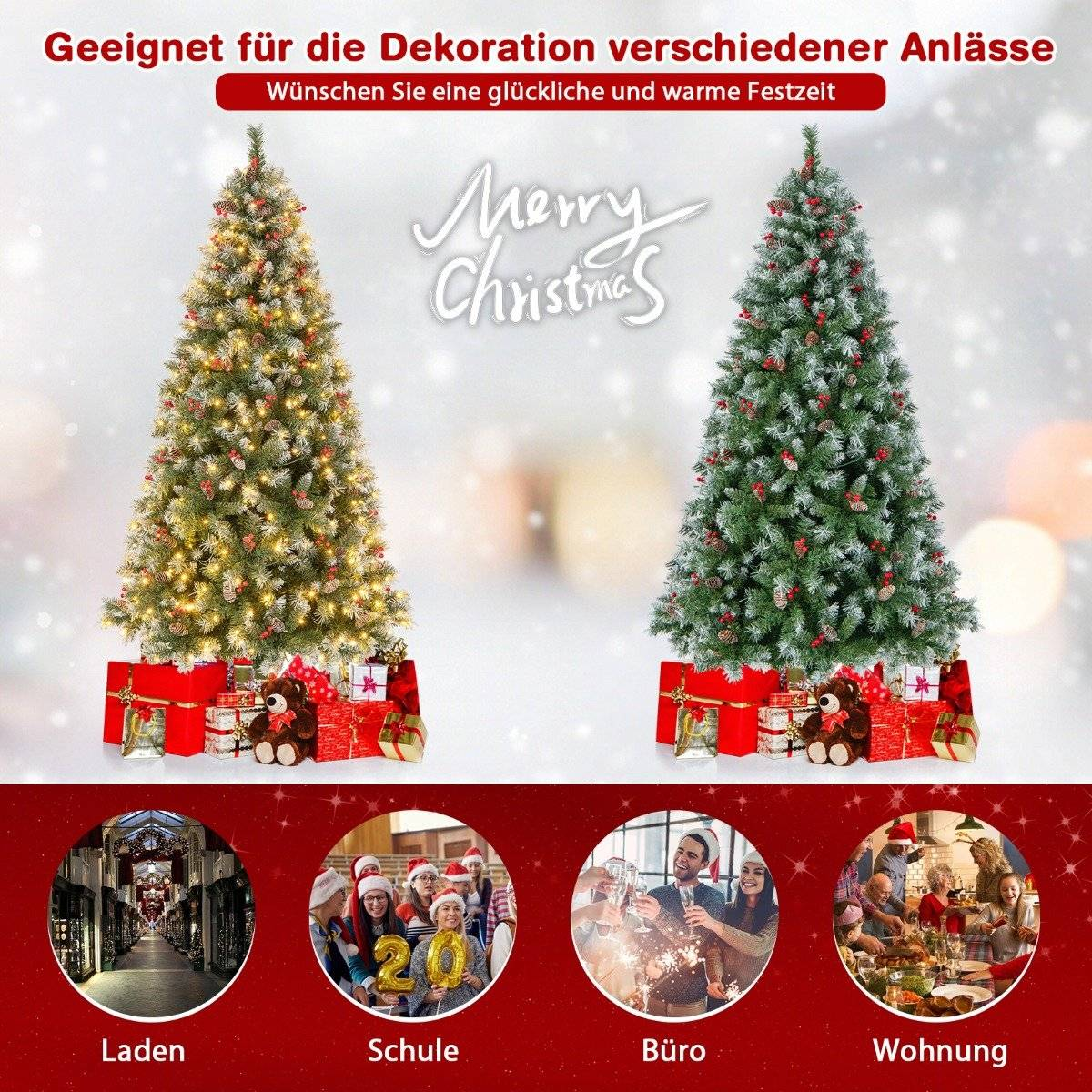 Twee versierde kerstbomen met cadeaus en teddybeer.