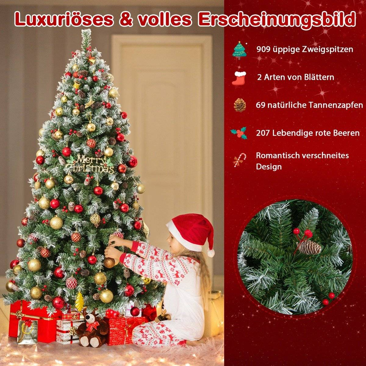 Een meisje versiert een kerstboom met rode en gouden ornamenten en bessen.