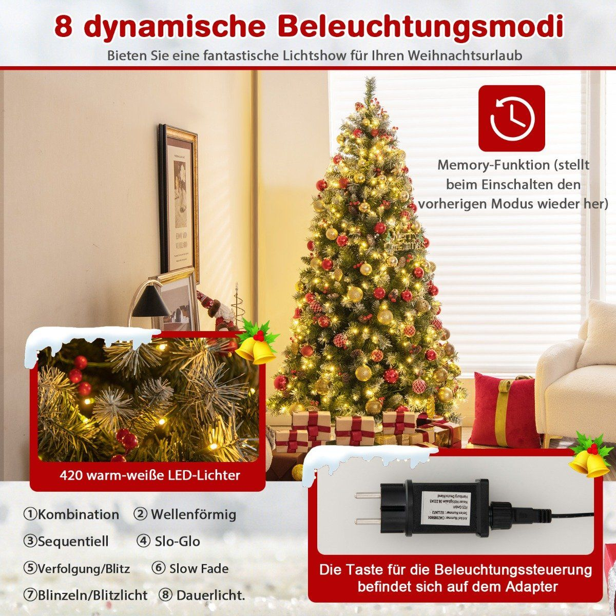 Een versierde kerstboom met lampjes, cadeaus en een adapter.