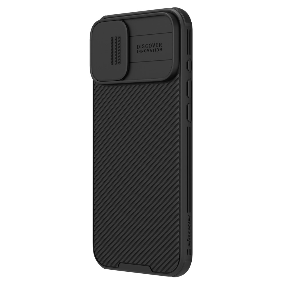 Custodia nera per telefono con texture a coste e copriobiettivo scorrevole.