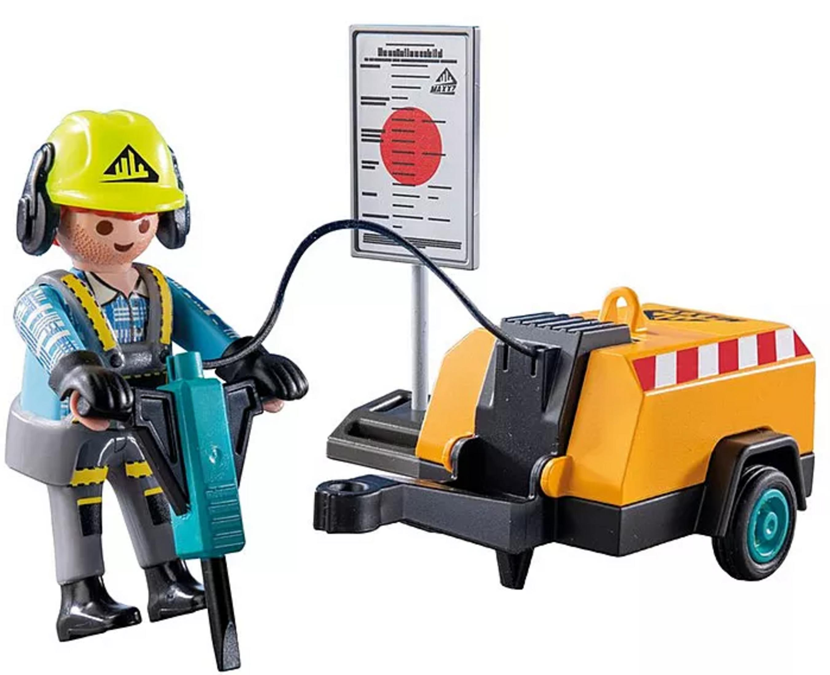 Ein Bauarbeiter mit Presslufthammer neben einem orangefarbenen Generator.