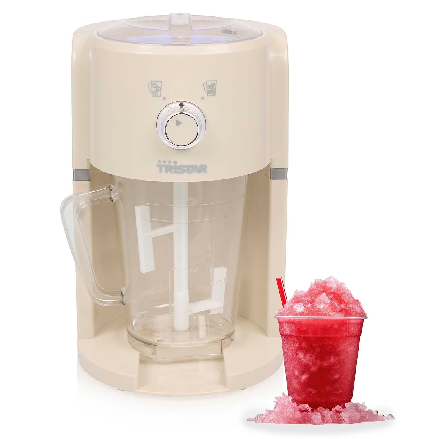 A cream-colored ice shaver next to a cup of red slushy ice with a straw.