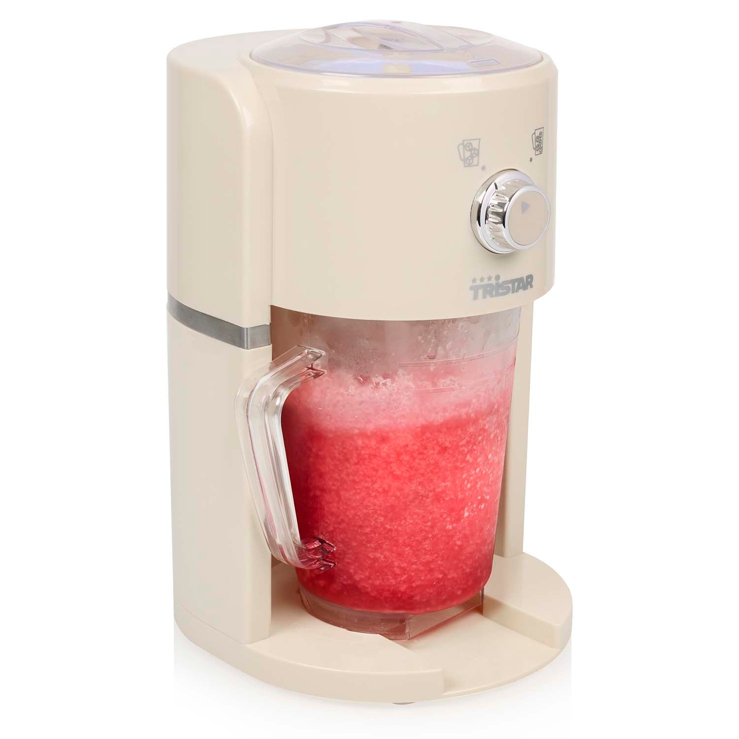 A cream-colored ice crusher with a jug filled with red slushy ice.