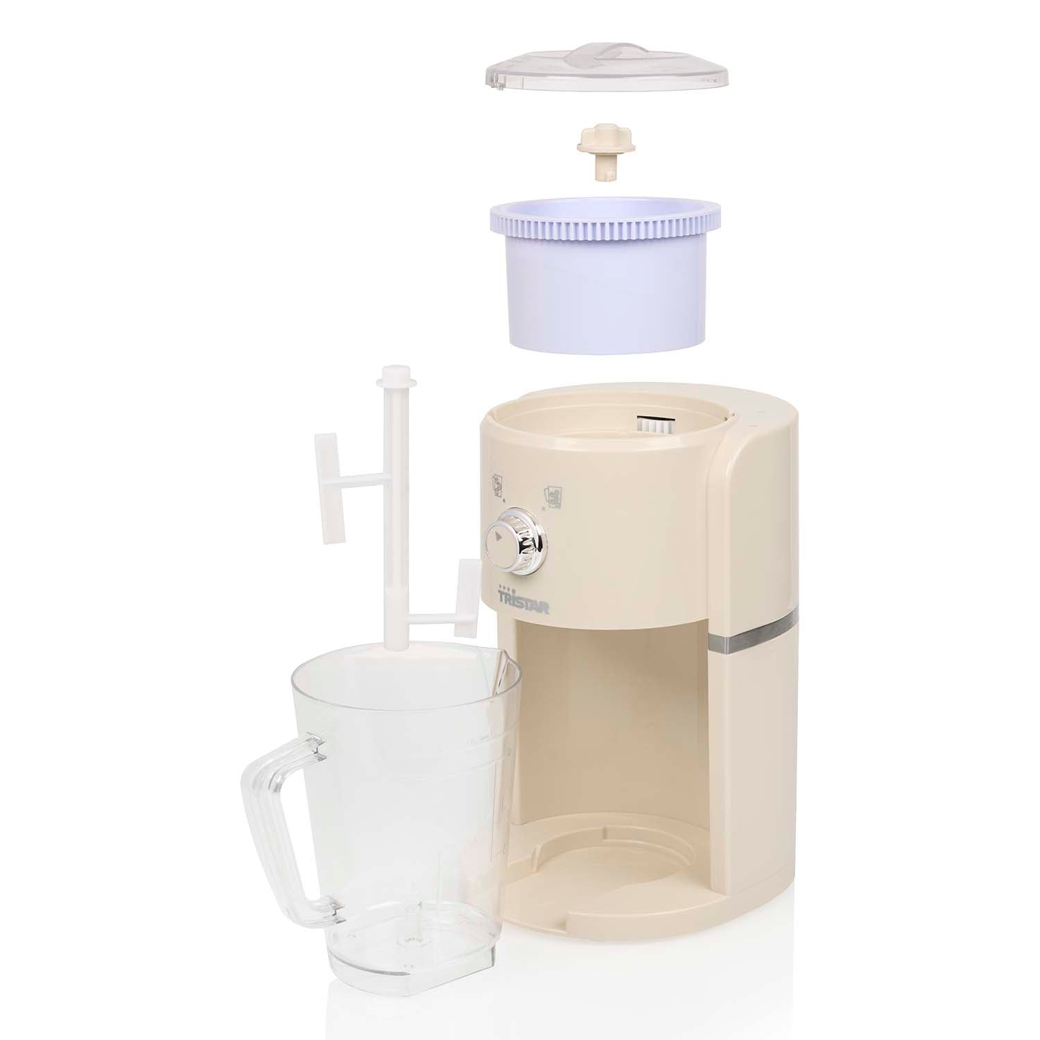 A cream-colored ice crusher disassembled, showing jug, ice bin and lid.