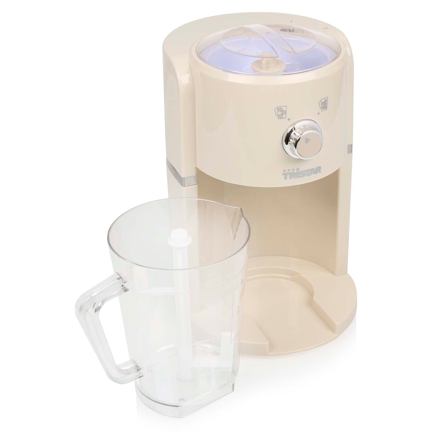 A cream-colored ice cream maker with a transparent jug and silver dial.