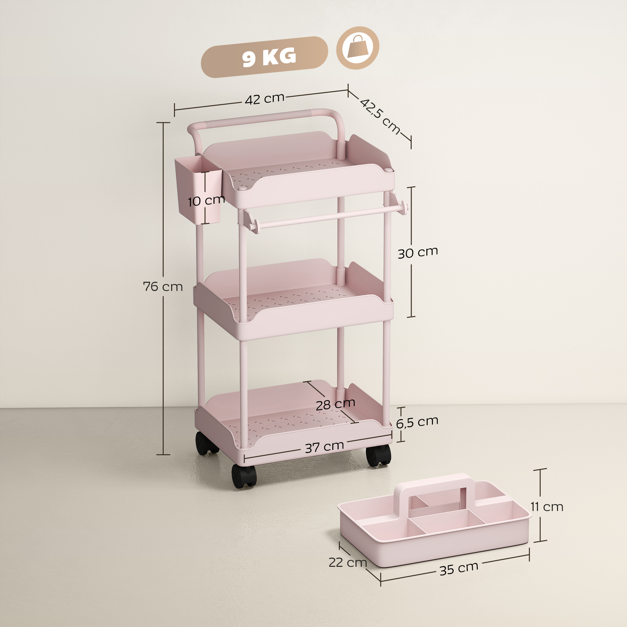 Un carrito organizador rosa de tres niveles con asa y ruedas.