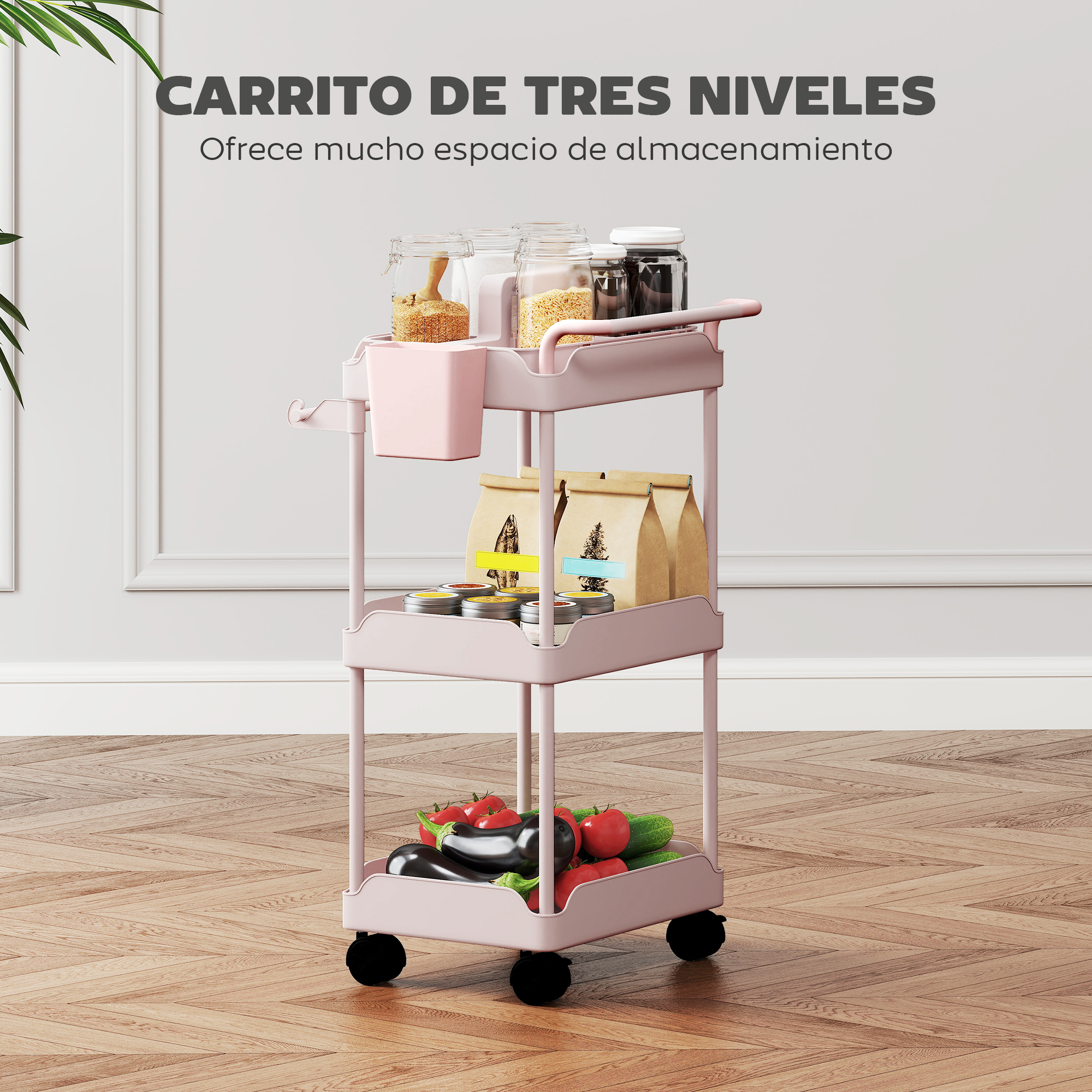 Un carrito rodante rosado de tres niveles con alimentos y frascos.