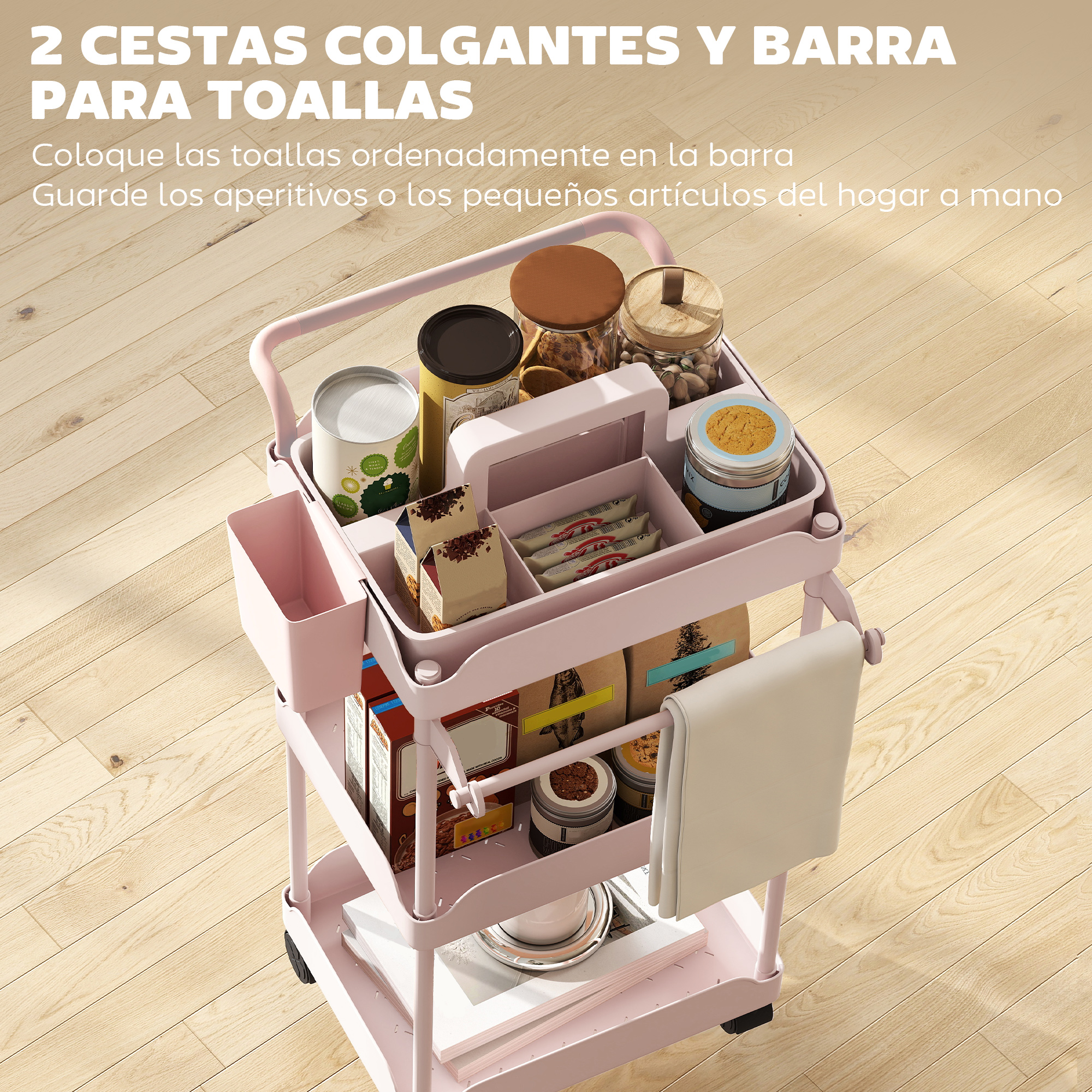 Un carrito rodante rosa con contenedores para aperitivos y toallas.