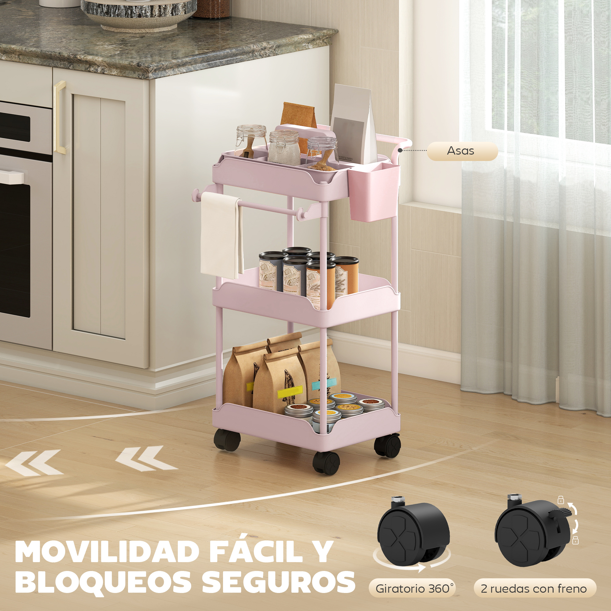 Un carrito rodante rosa con bolsas de café, frascos y una taza.