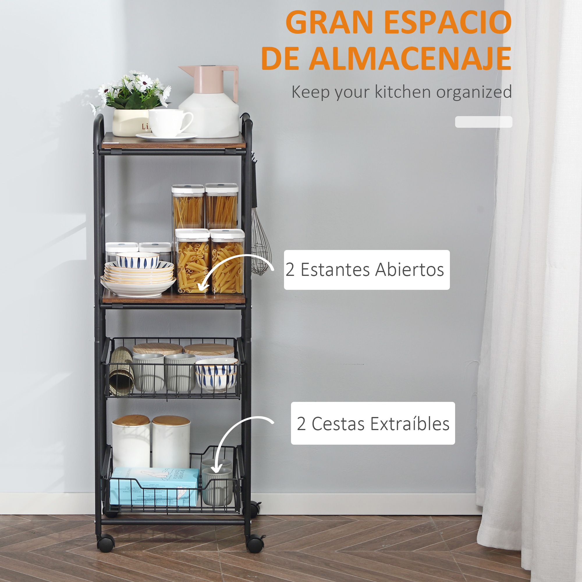 Un carrito de cocina negro con dos estantes abiertos y dos cestas.