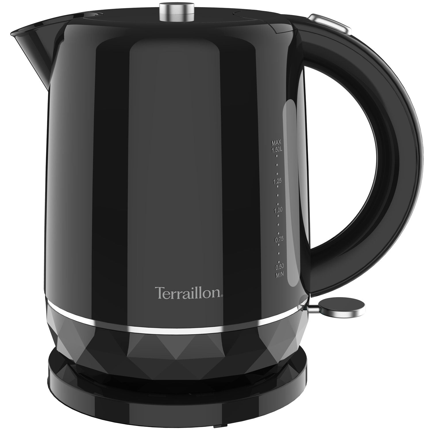 A glossy black kettle with a silver lid knob and handle, on a white background.