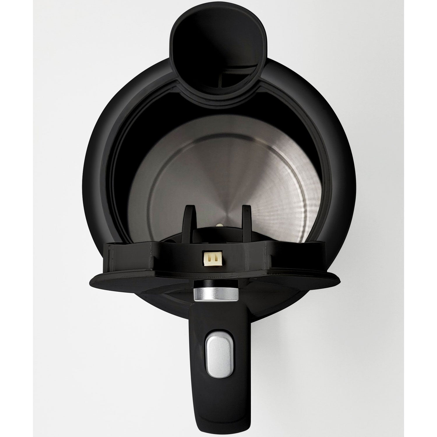 Top view of a black electric kettle with a metal interior and a switch.