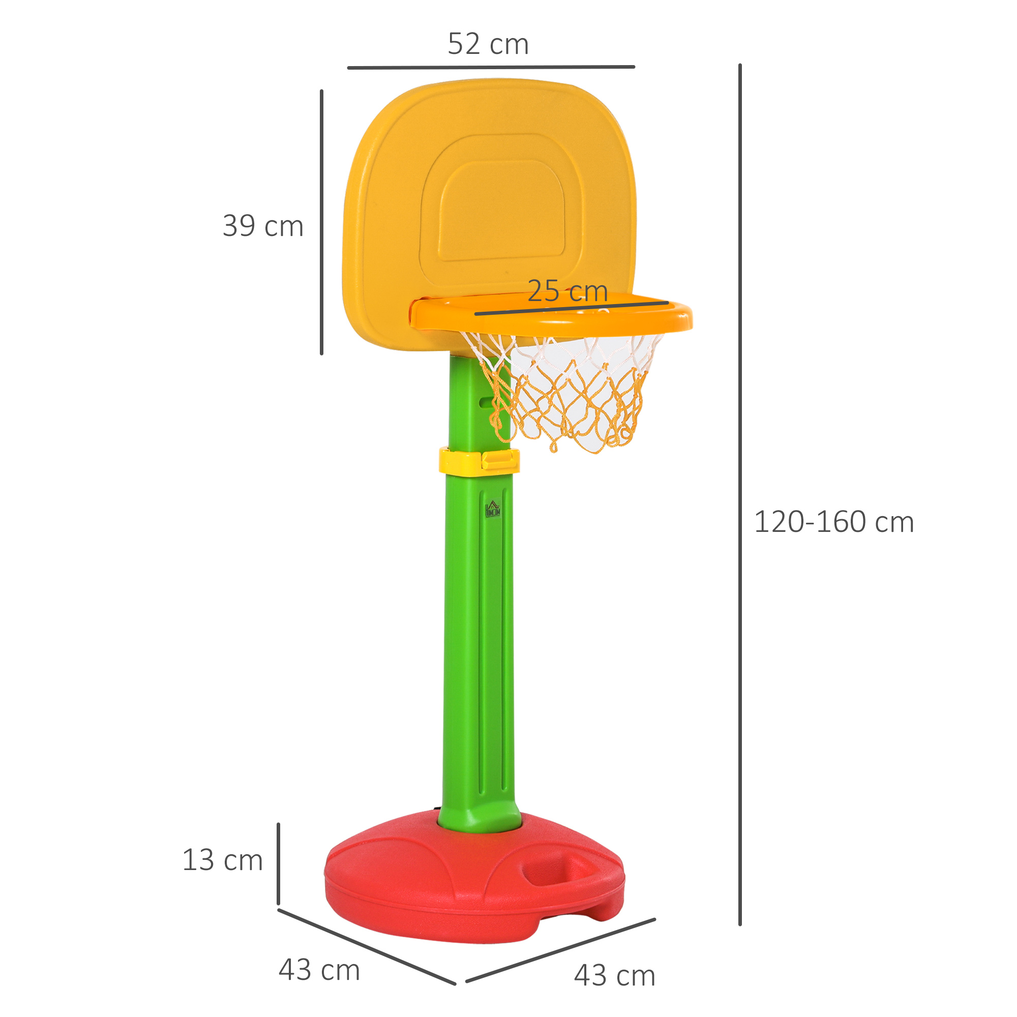 Una canasta de baloncesto ajustable con tablero amarillo, red naranja y soporte verde.