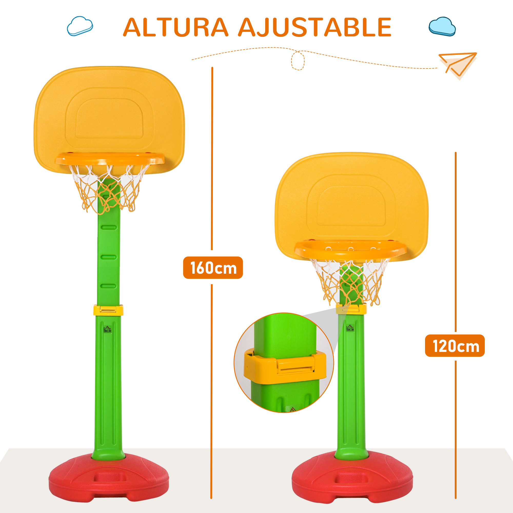 Dos canastas de baloncesto, una de 160cm y otra de 120cm. Altura ajustable.
