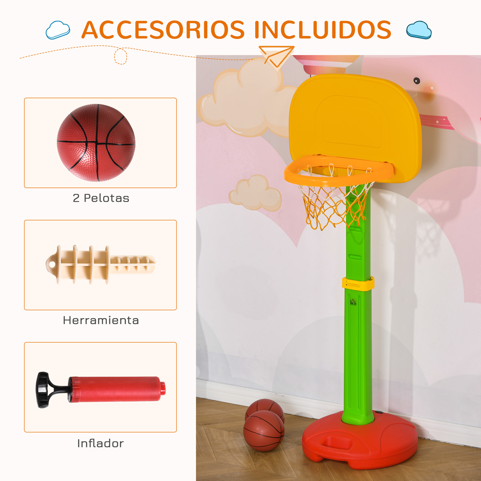 Un aro de baloncesto con accesorios: pelotas, herramienta, inflador. Colorido.