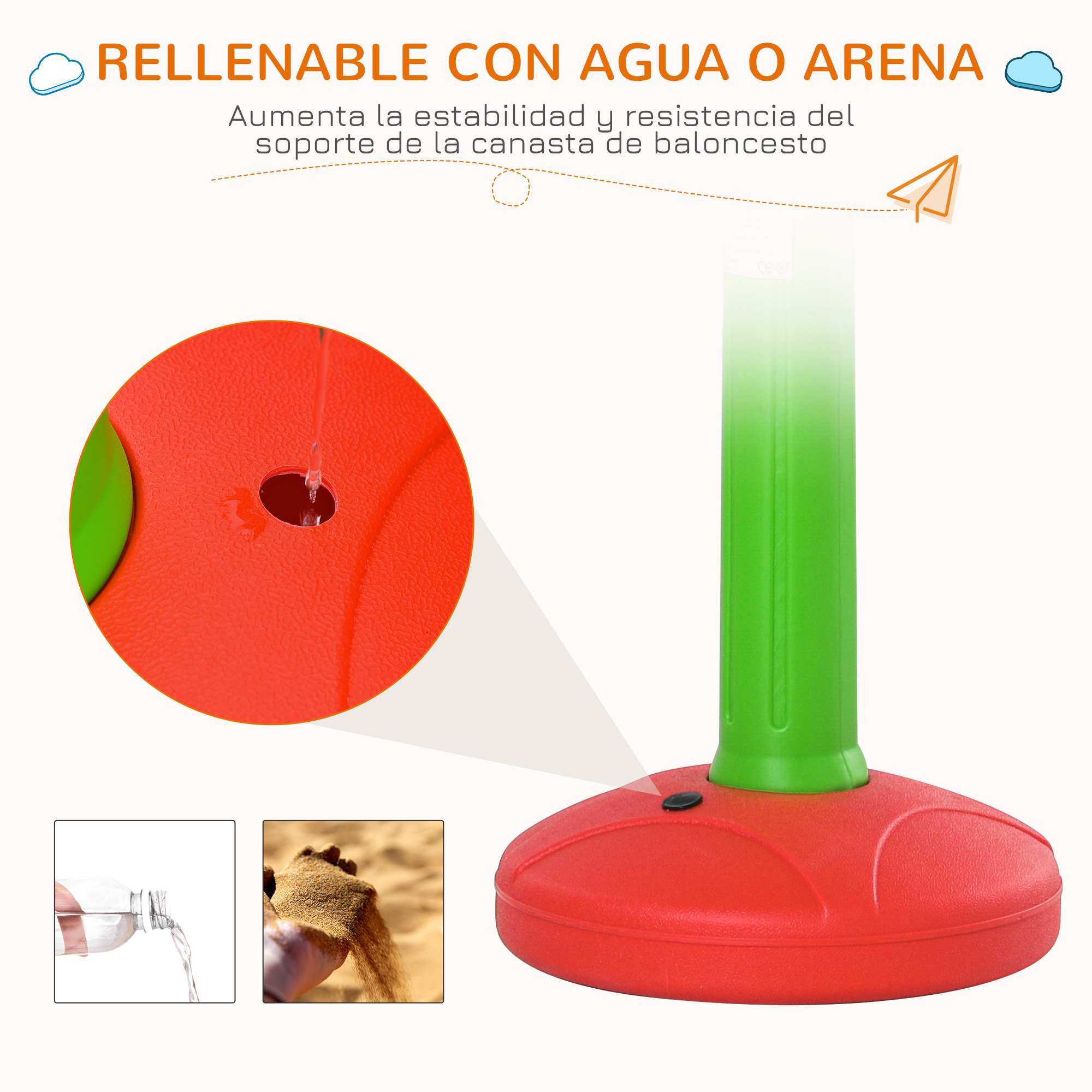 Un soporte de aro de baloncesto rojo con dos opciones de llenado: agua y arena.