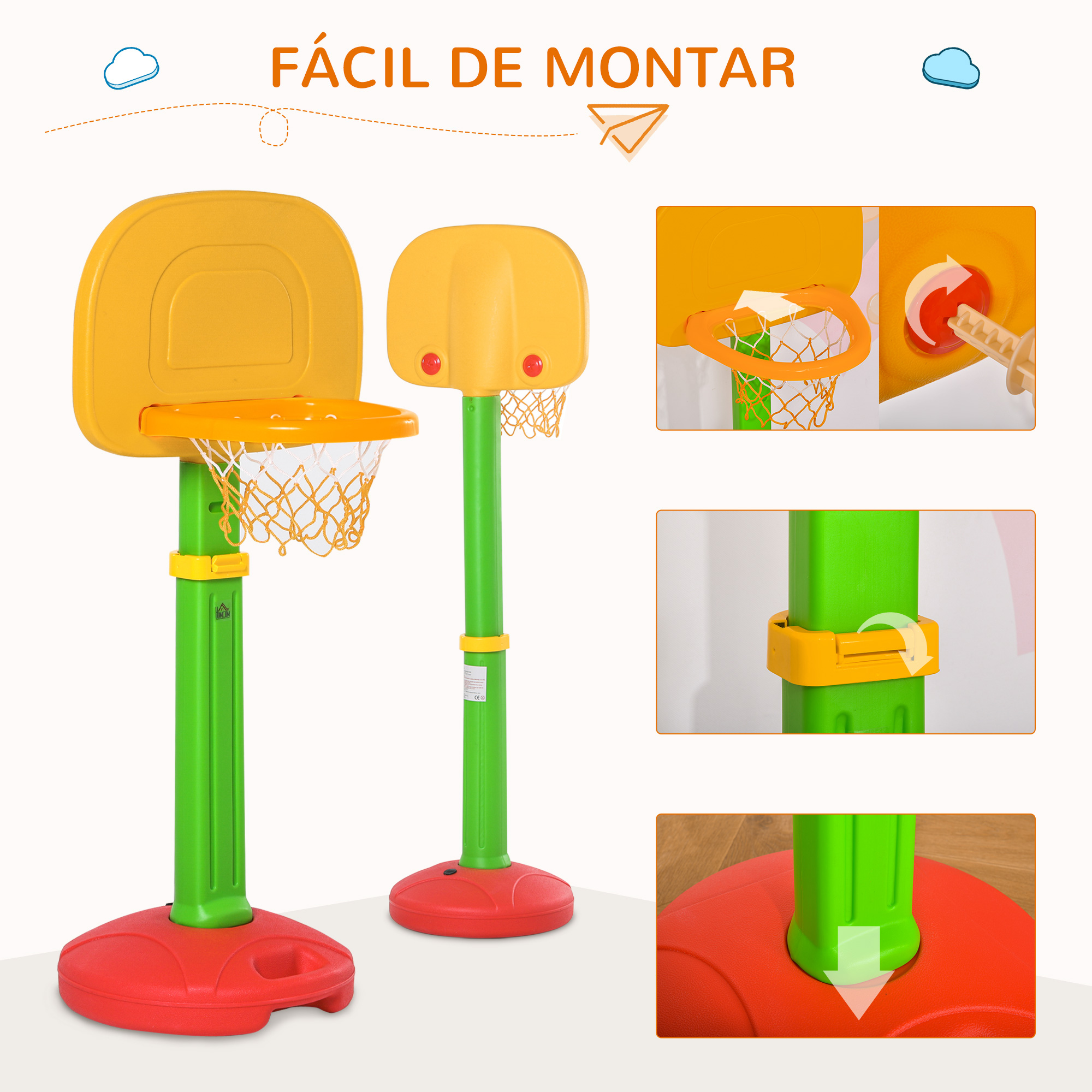 Un aro de baloncesto amarillo con red y soporte verde sobre base roja.