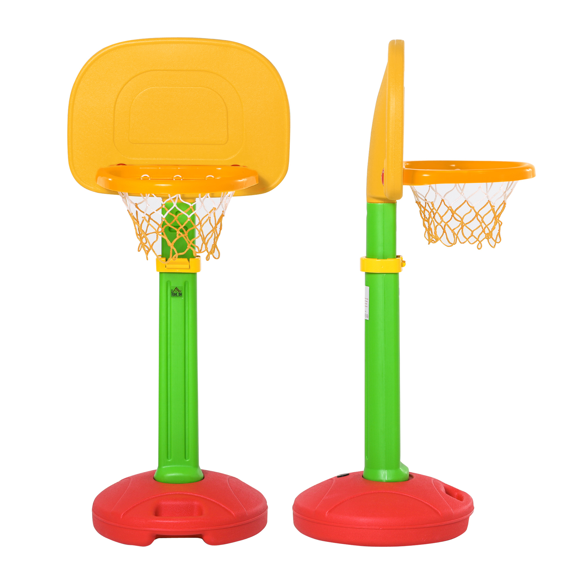 Un aro de baloncesto colorido con tablero amarillo, base roja y poste verde.