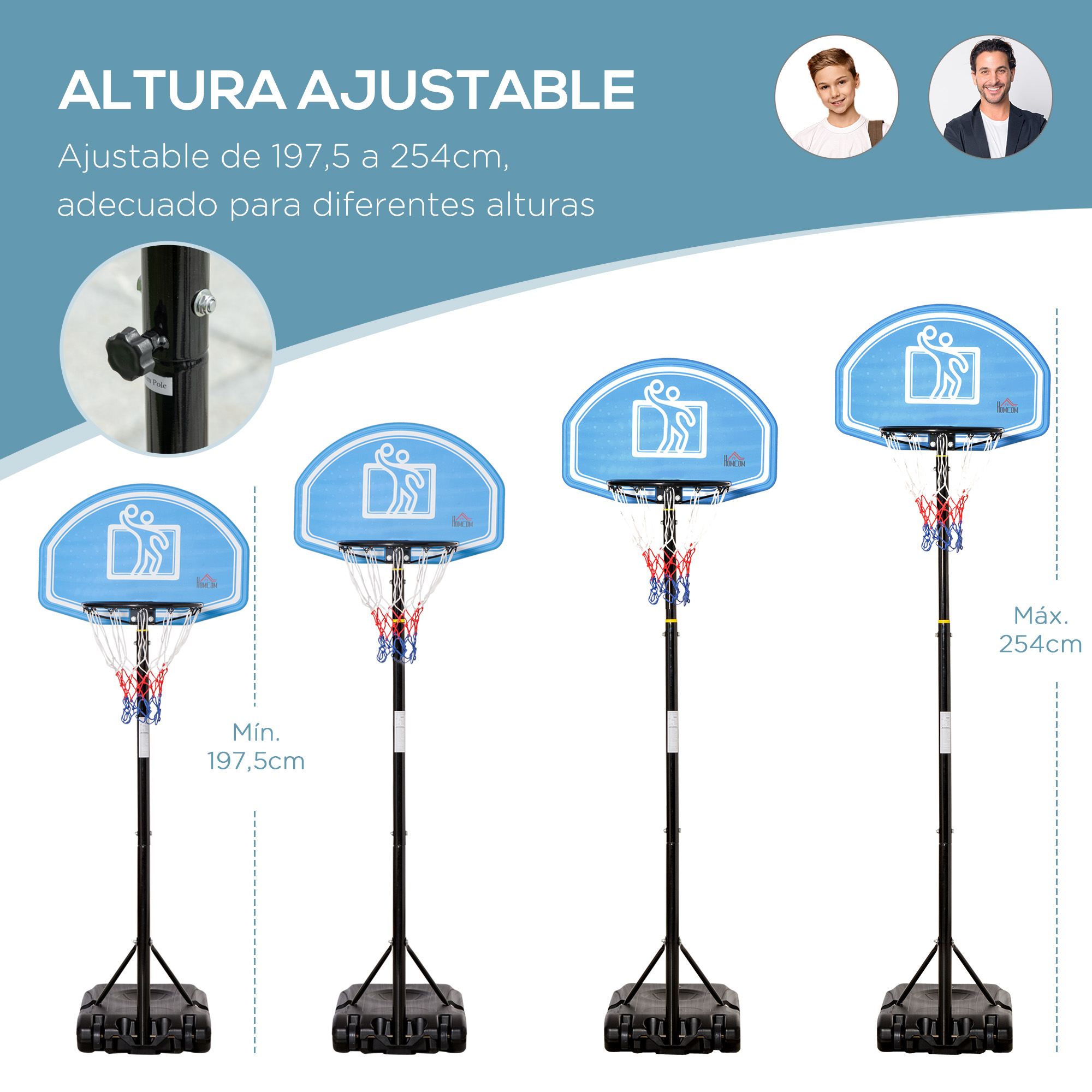 Aro de baloncesto ajustable con 4 alturas de 197,5 cm a 254 cm.