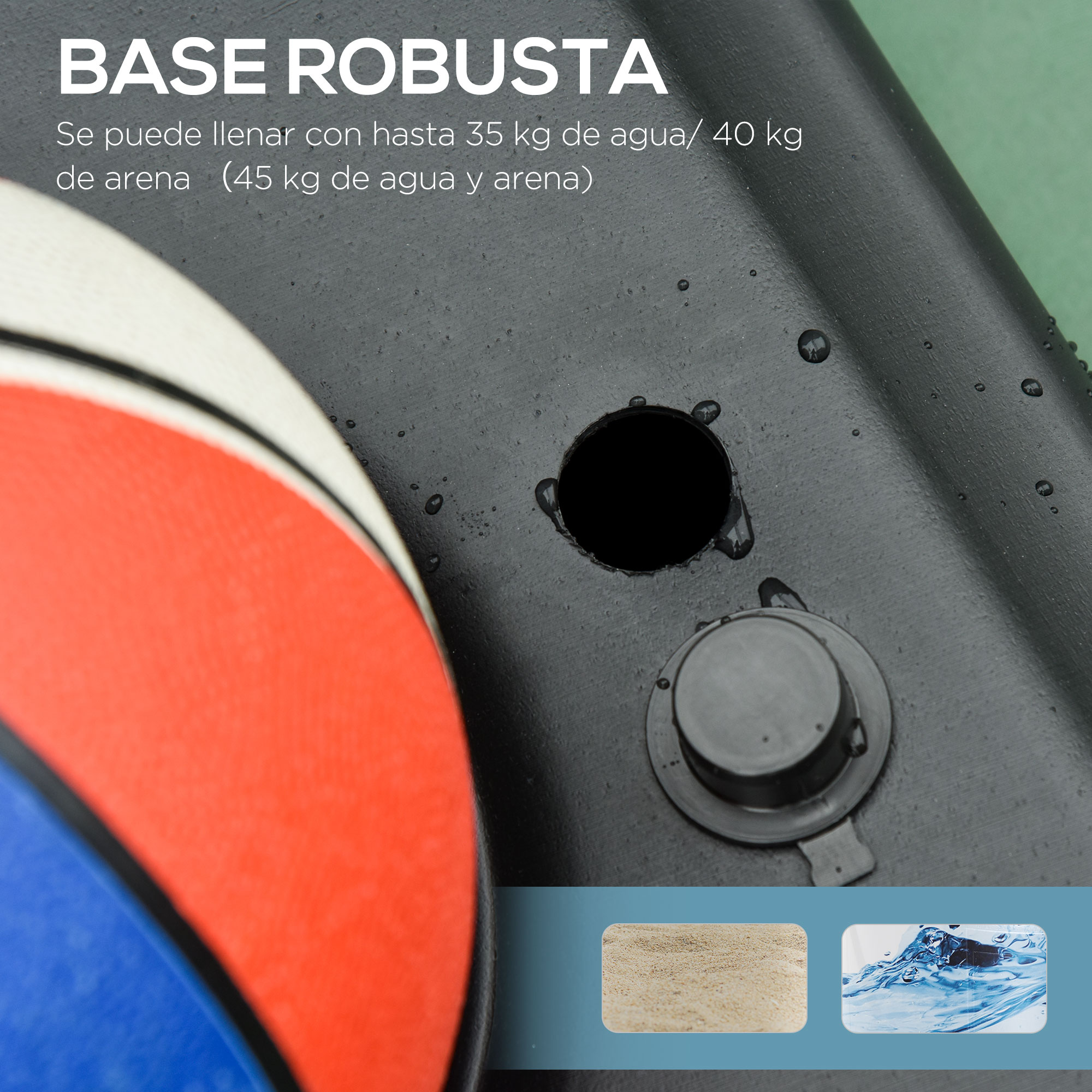 Base negra con baloncesto, capacidad 35kg agua/40kg arena.