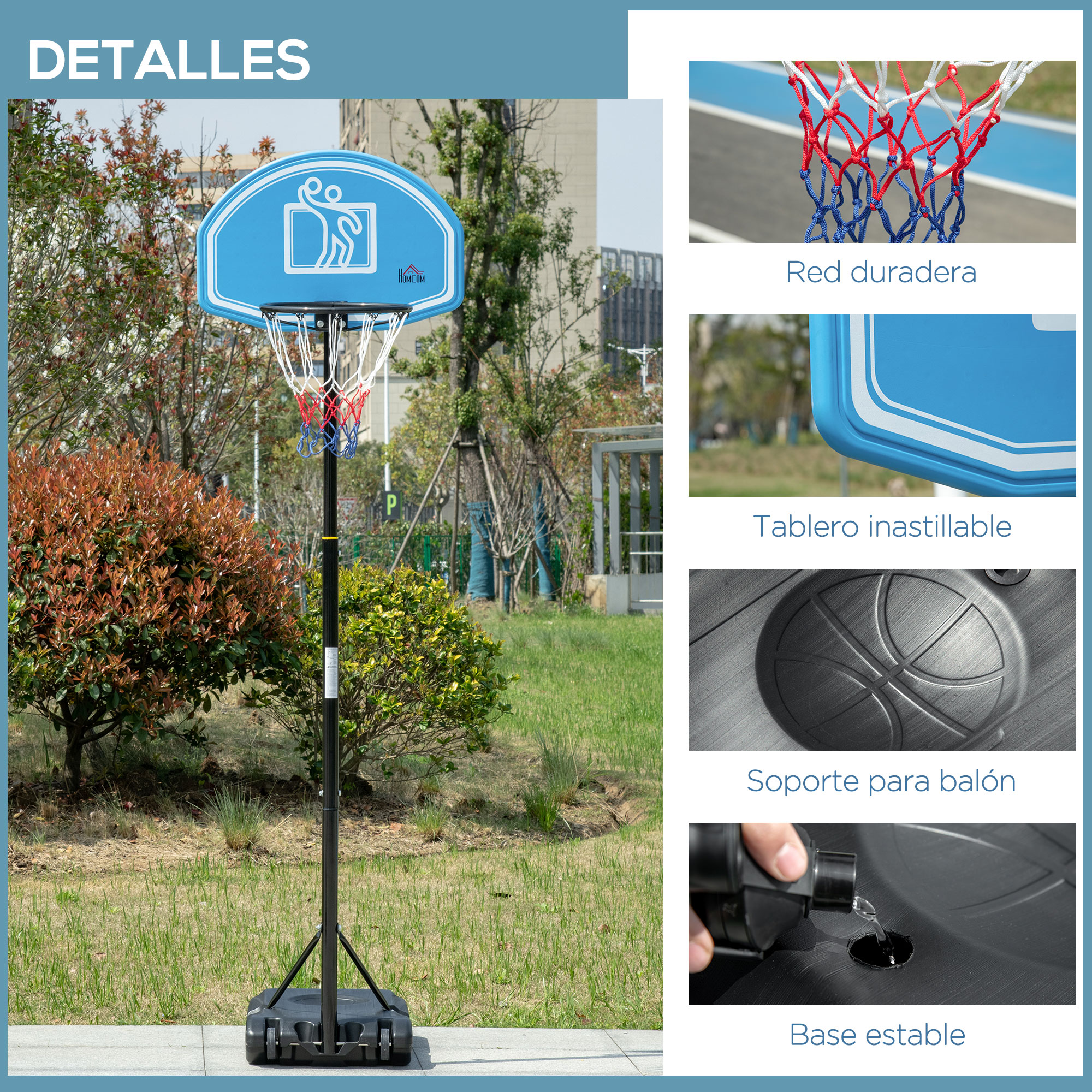 Cesta de baloncesto portátil con tablero azul, red y ruedas en la base.