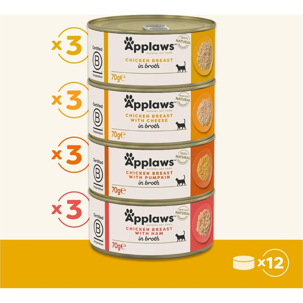 Cuatro latas de comida para gatos Applaws apiladas, con diferentes sabores.