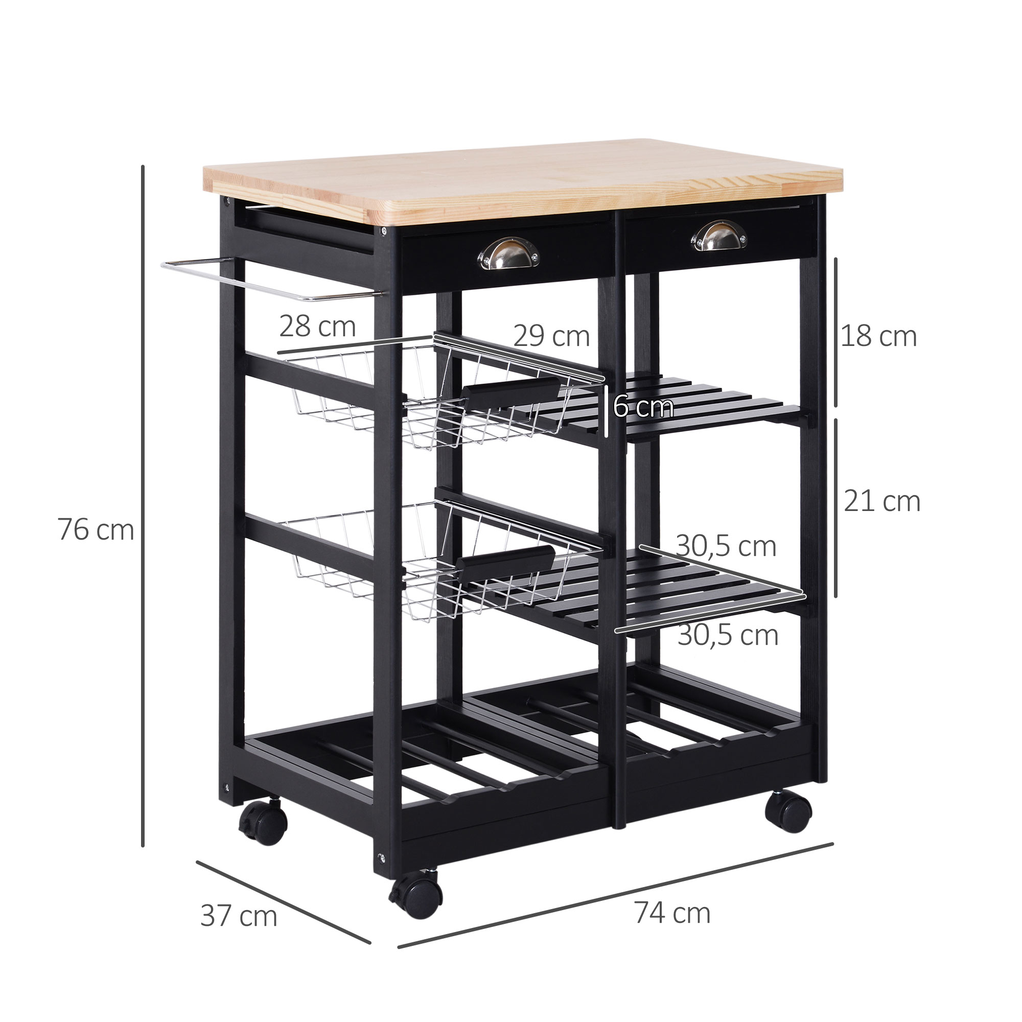 Un carrito de cocina negro con tapa de madera, cajones y cestas.