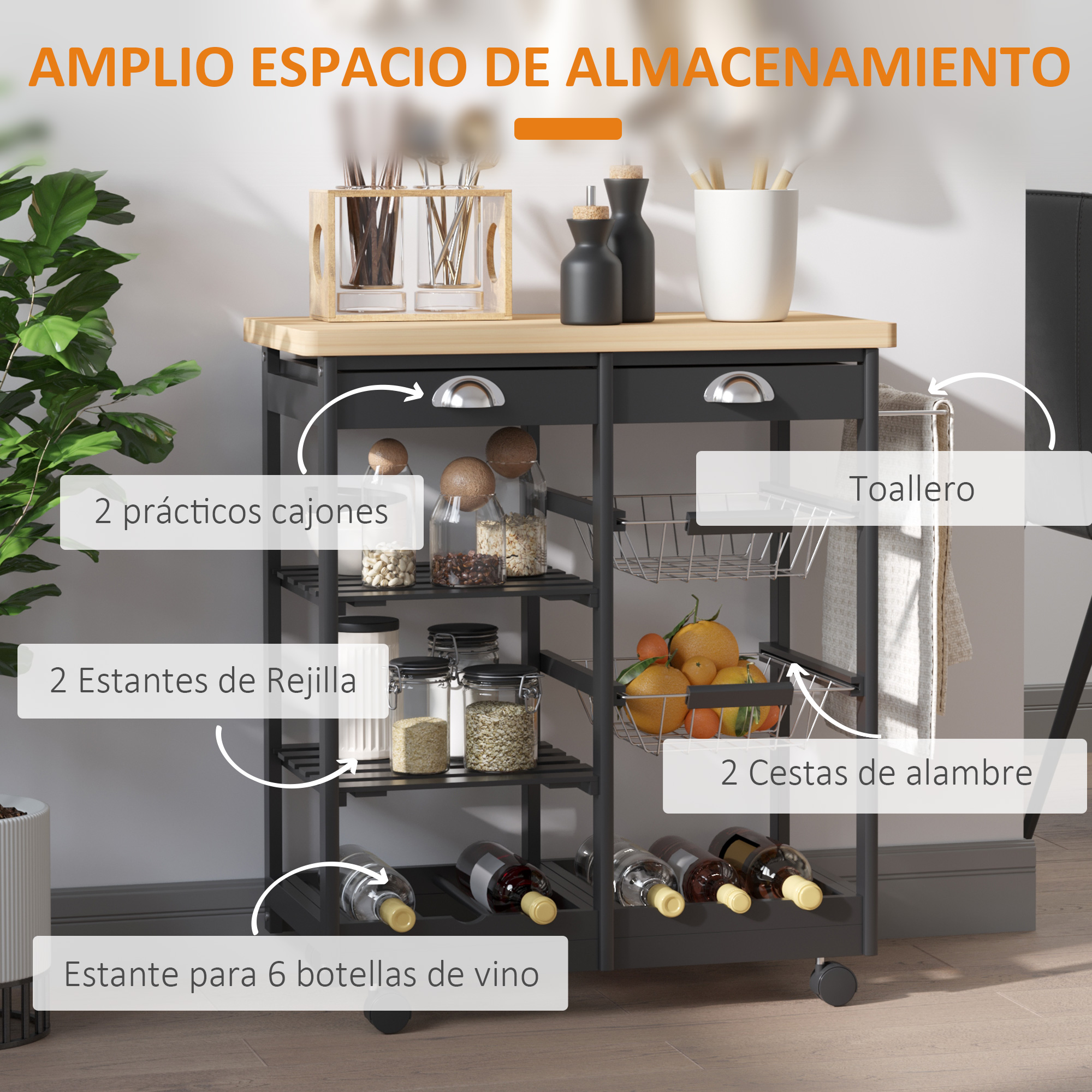 Un carrito de servicio negro con tapa de madera, cajones, cestas, botellero y toallero.