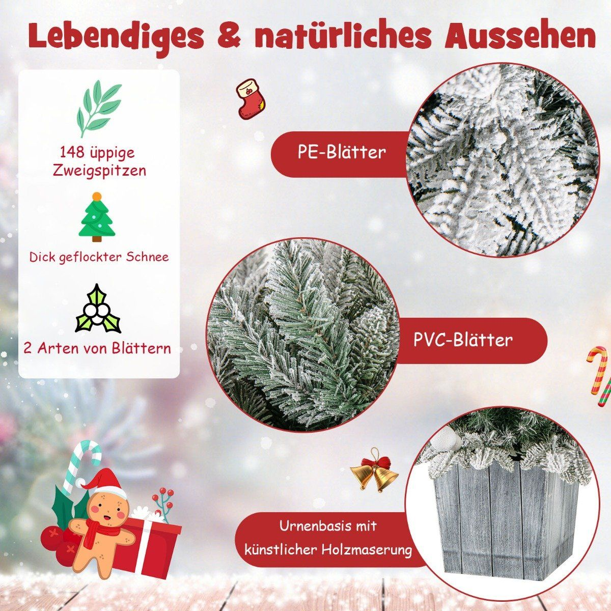 Kerstboom met 148 takken, sneeuw en 2 soorten bladeren. PE en PVC bladeren.