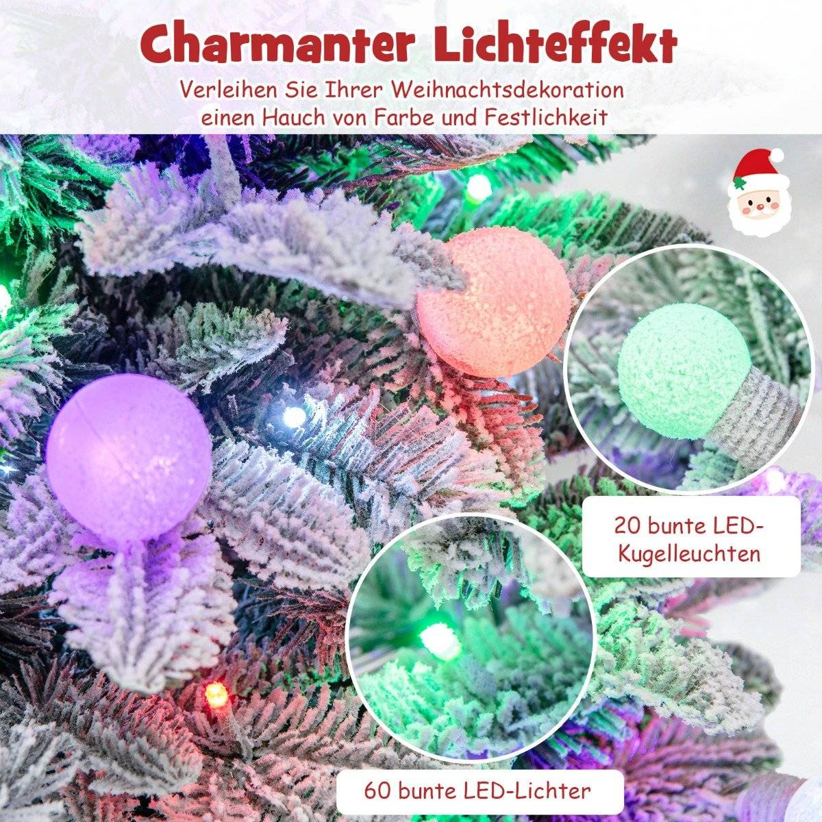 Close-up van een kerstboom met kleurrijke lampjes en ballen.