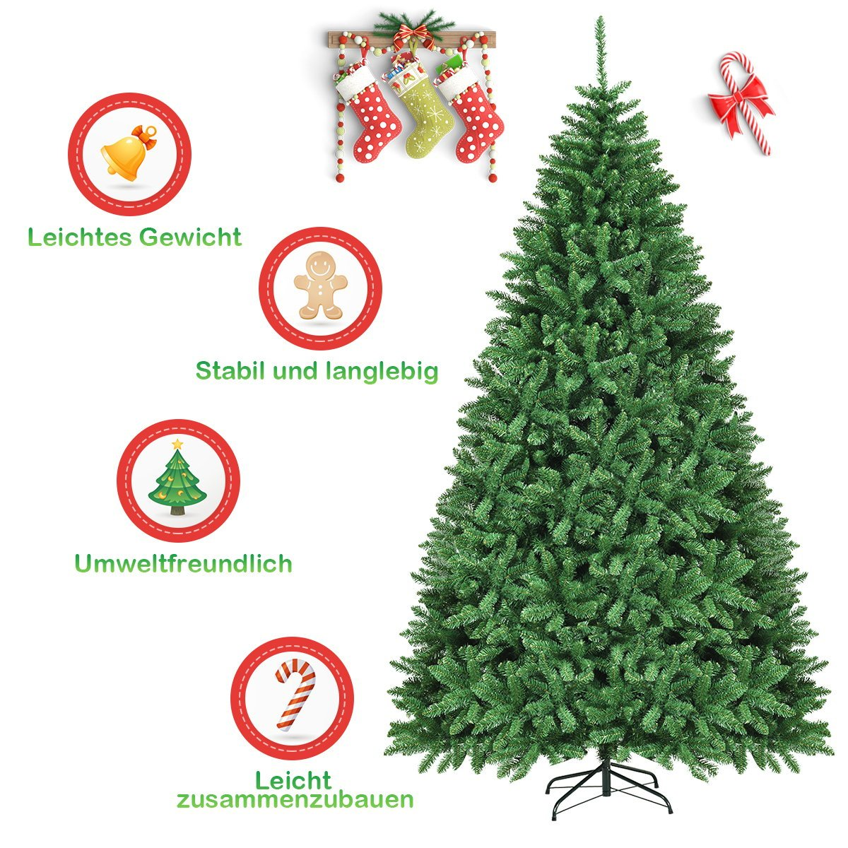 Groene kerstboom met decoraties: bel, peperkoekman, kerstboom, lolly.