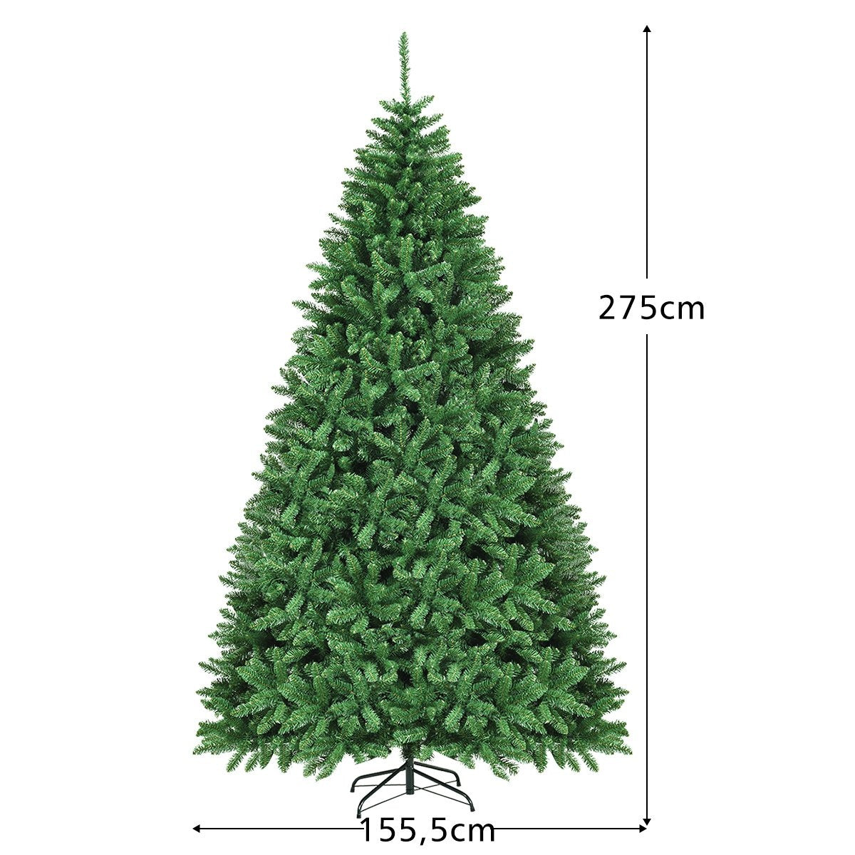 Een grote, groene kunstkerstboom met metalen standaard, 275cm hoog.
