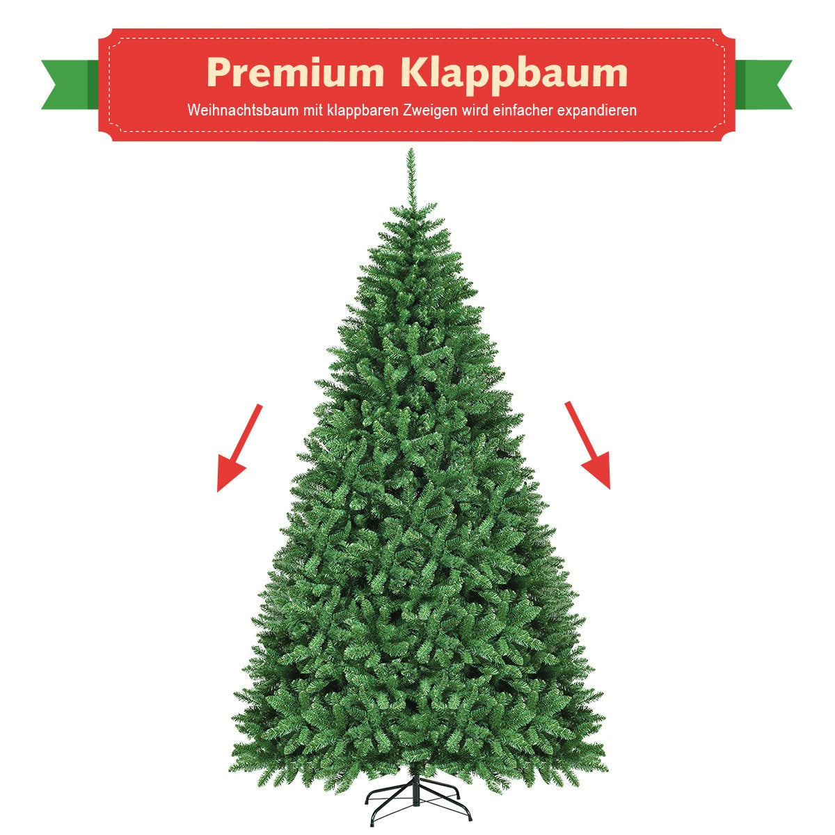 Groene kunstkerstboom met rood spandoek en pijlen.
