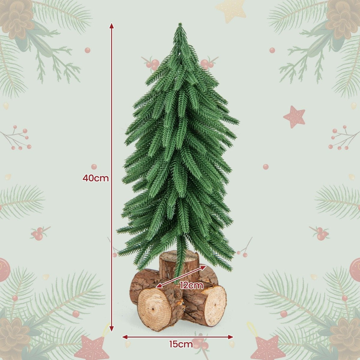 Een kleine kunstkerstboom op houtschijven, 40cm hoog.