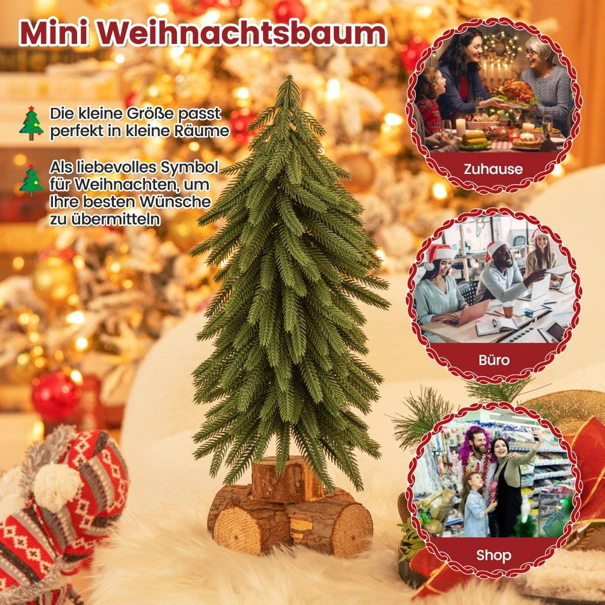 Een kleine kerstboom op houten basis, met decoraties op de achtergrond.