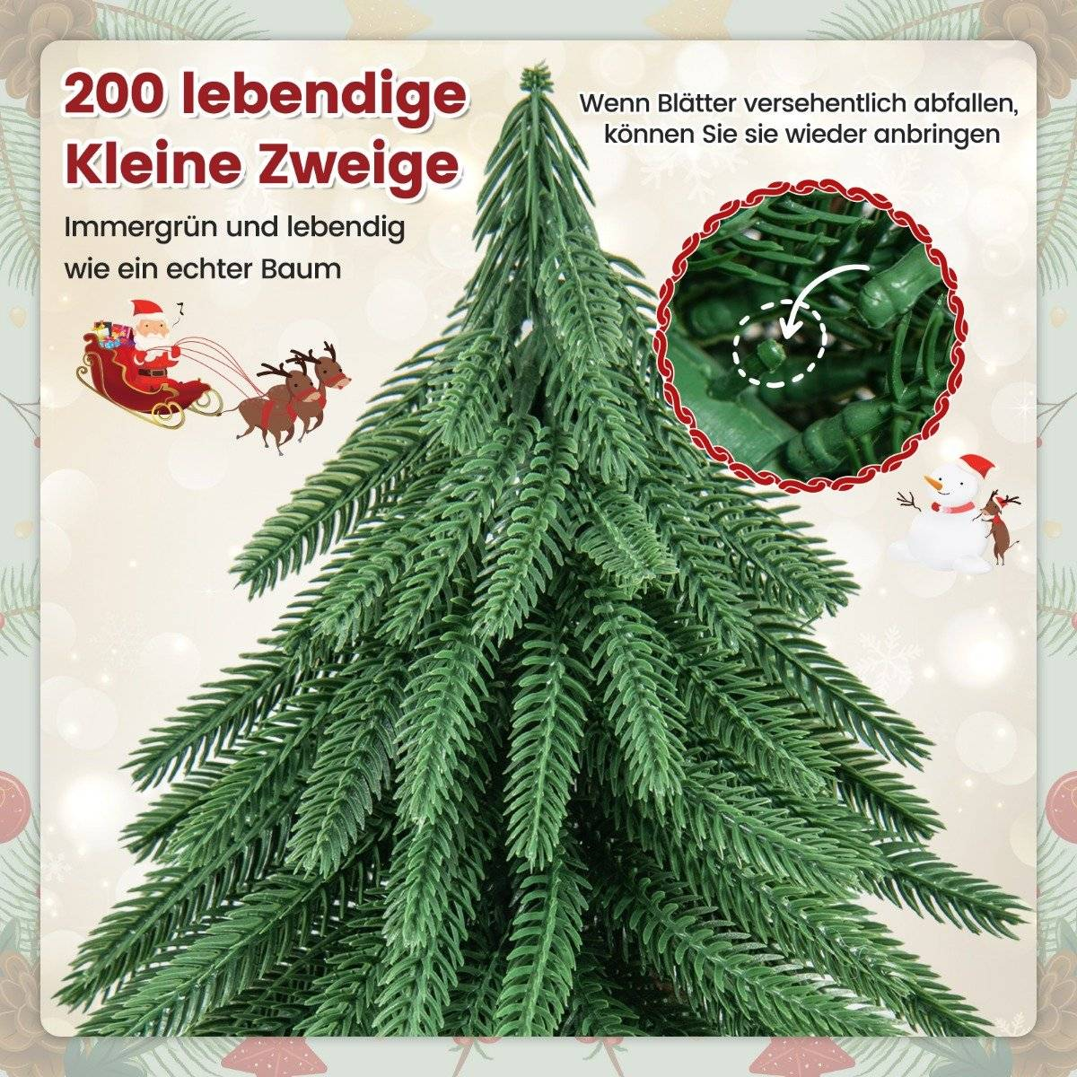 Een dichte, groene kunstkerstboom met gedetailleerde takken en kerstmanmotieven.