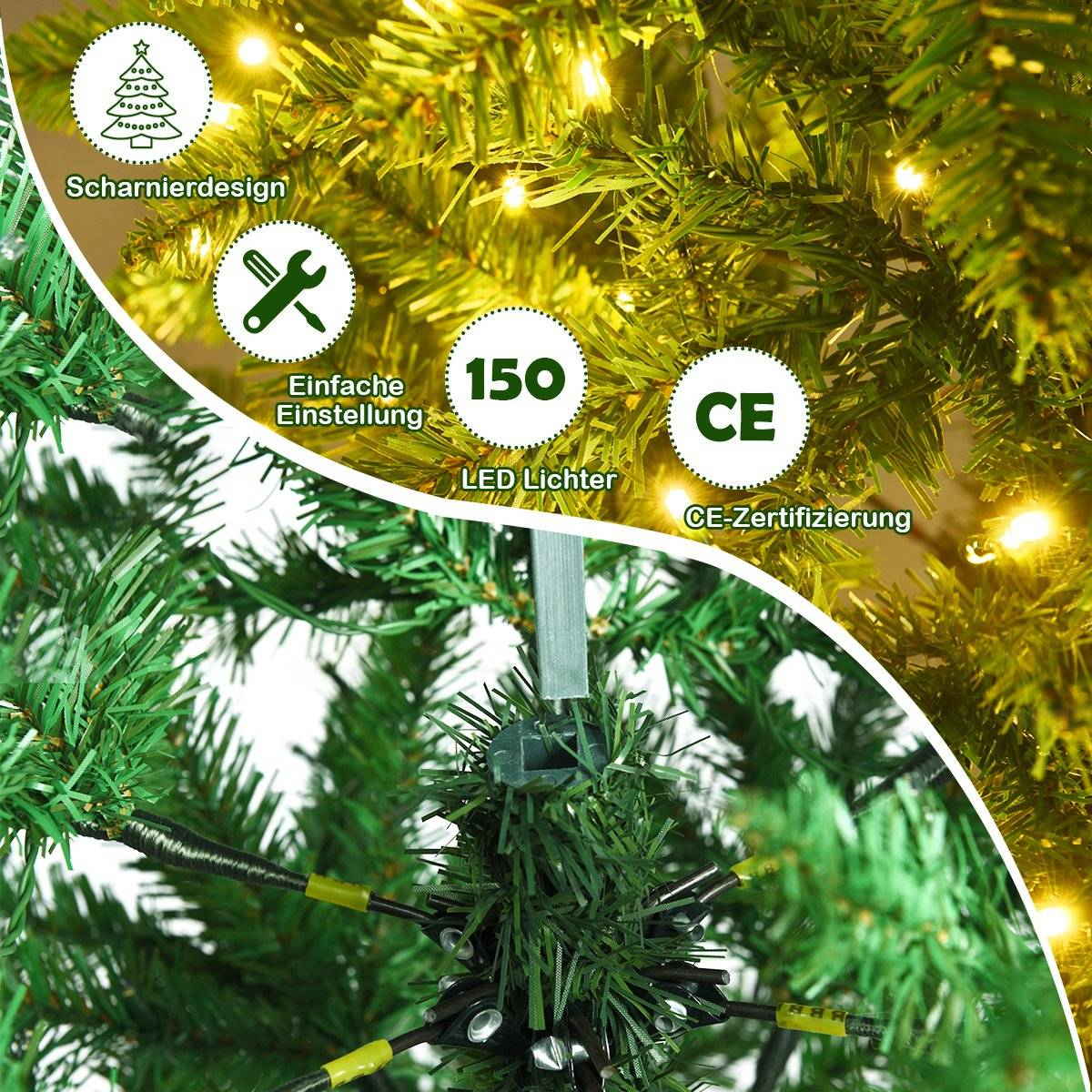 Close-up van een groene kunstkerstboom met LED-verlichting. Kenmerken: scharnierontwerp, eenvoudige installatie, 150 lampjes, CE-certificering.