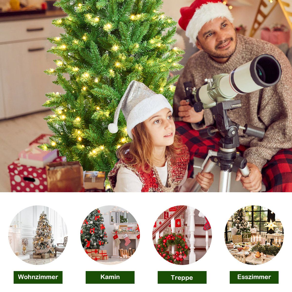 Vader en kind kijken door telescoop naast kerstboom.