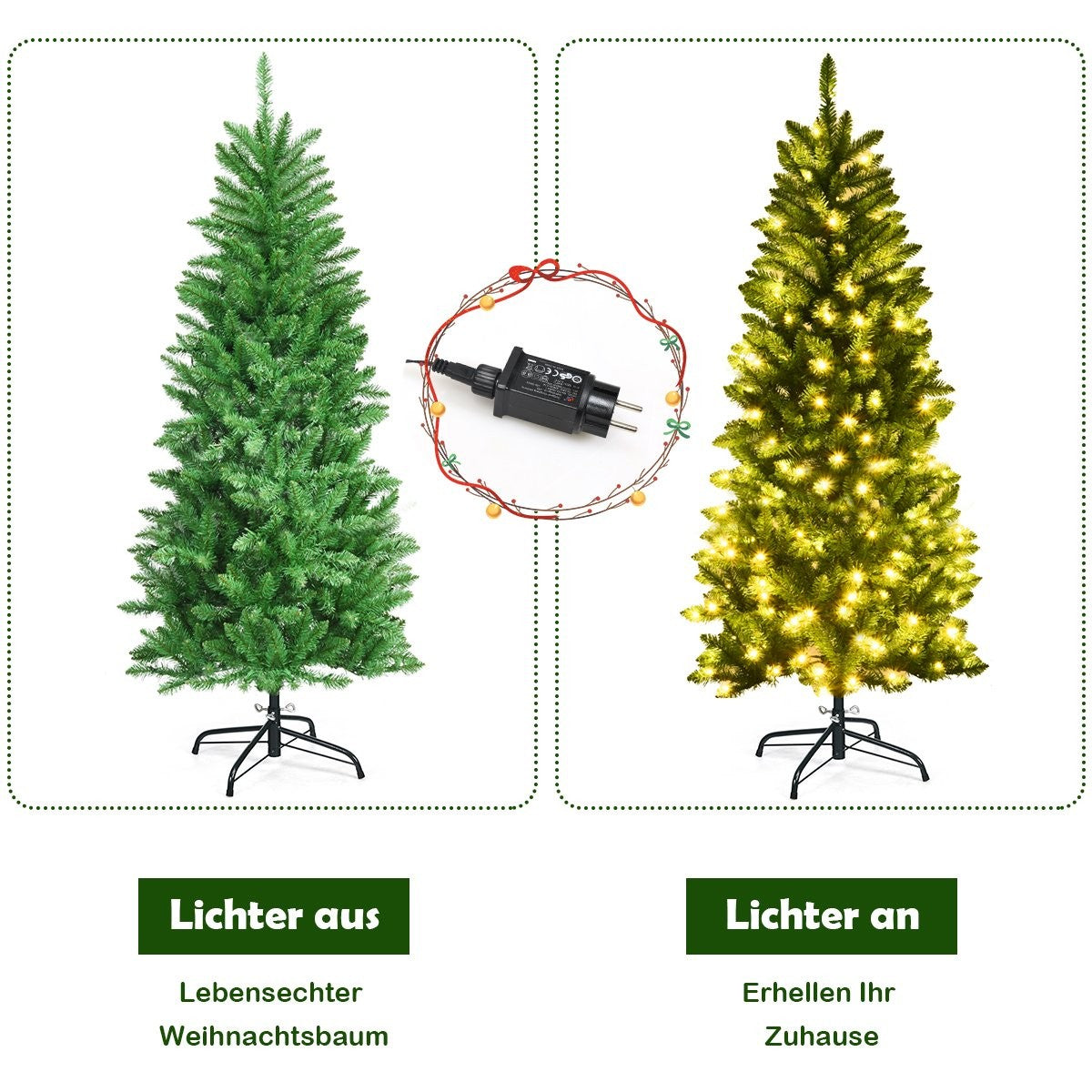 Twee kerstbomen: één onverlicht, één verlicht, met adapter.