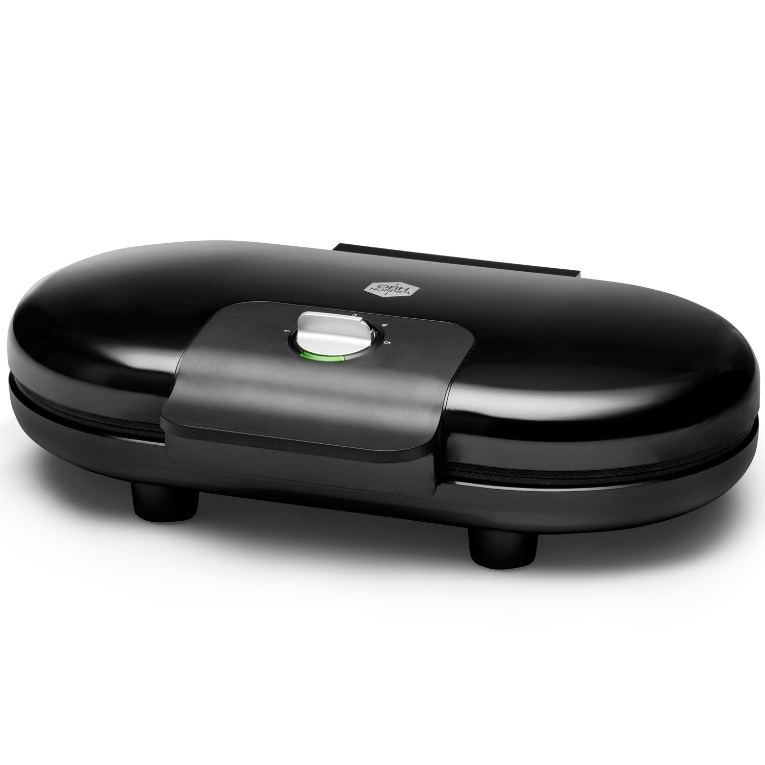 Black oval waffle maker with silver dial and green indicator light.