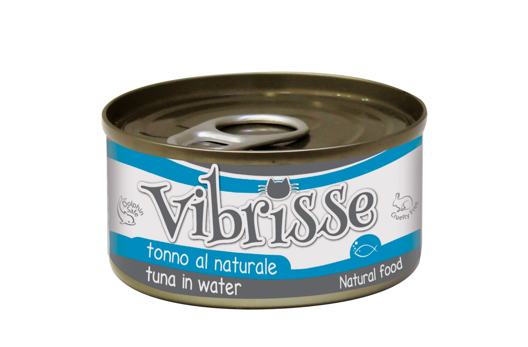 Una lata Vibriße de atún al natural, con etiqueta Dolphin Safe y Cruelty Free.
