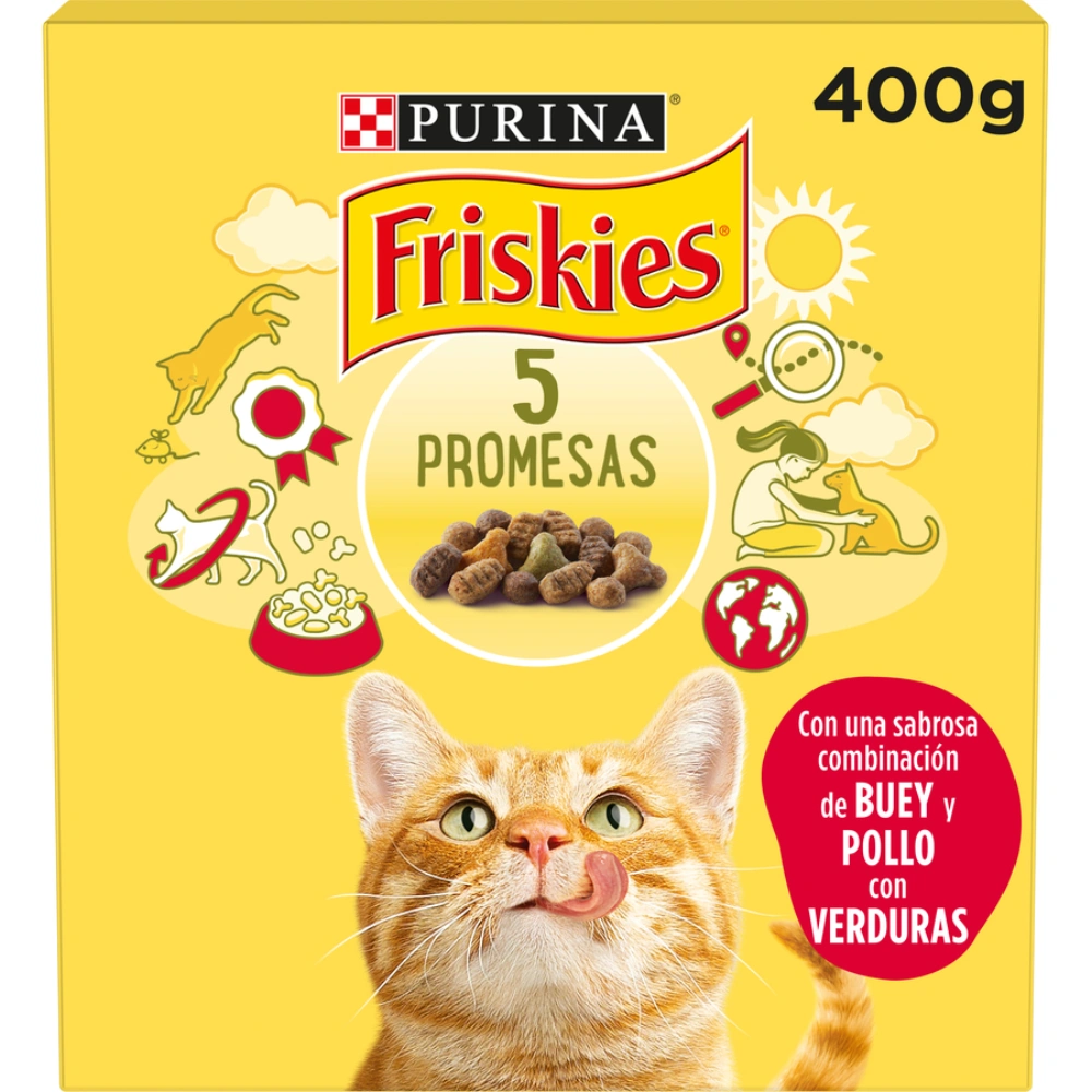 Embalaje de comida para gatos Friskies con gato y pienso.