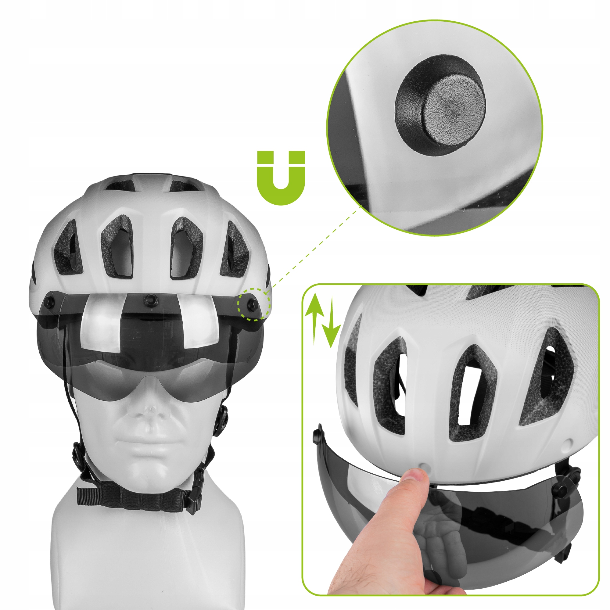 Biały kask rowerowy na manekinie z odpinanym daszkiem.