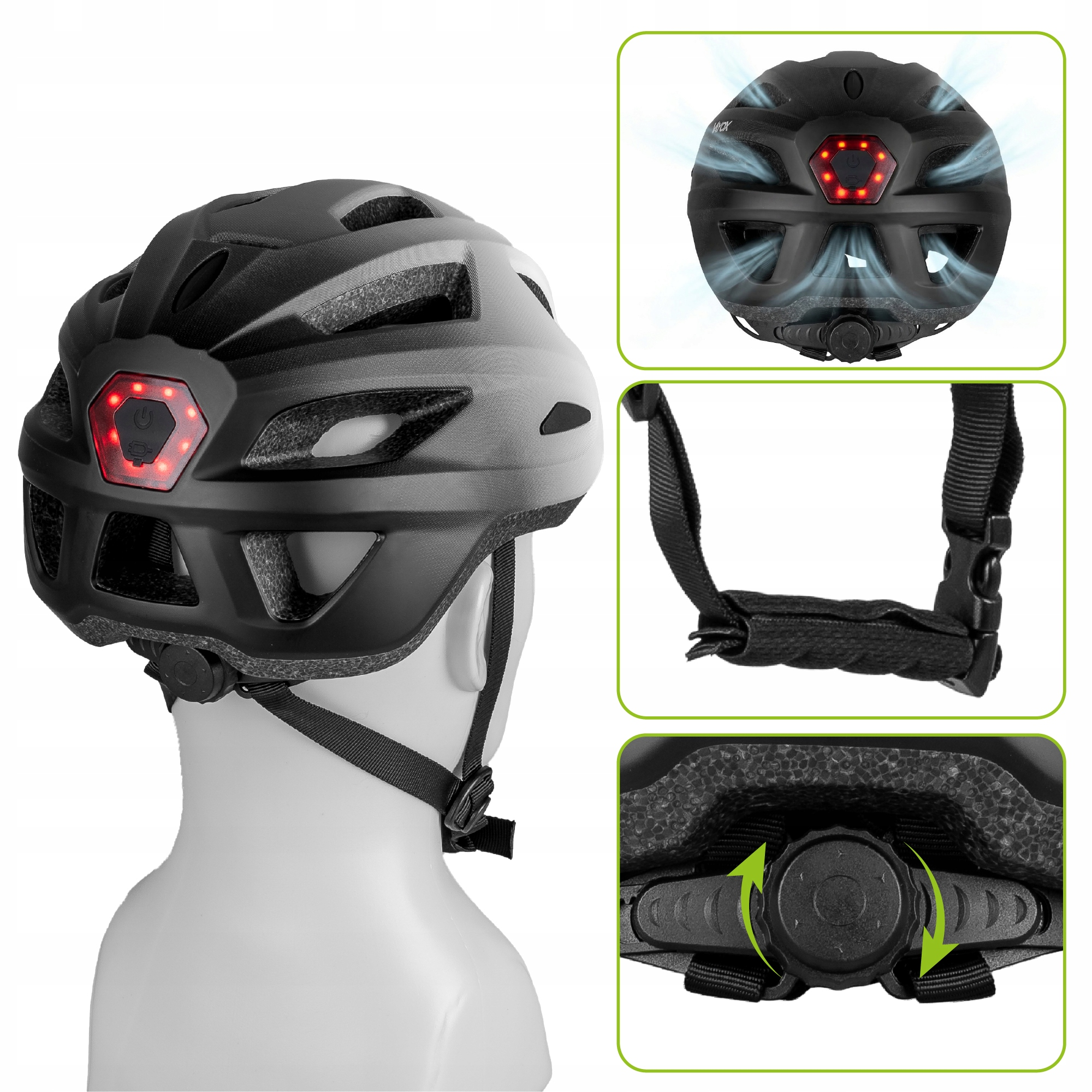 Czarny kask rowerowy z czerwonymi światłami tylnymi i wentylacją.